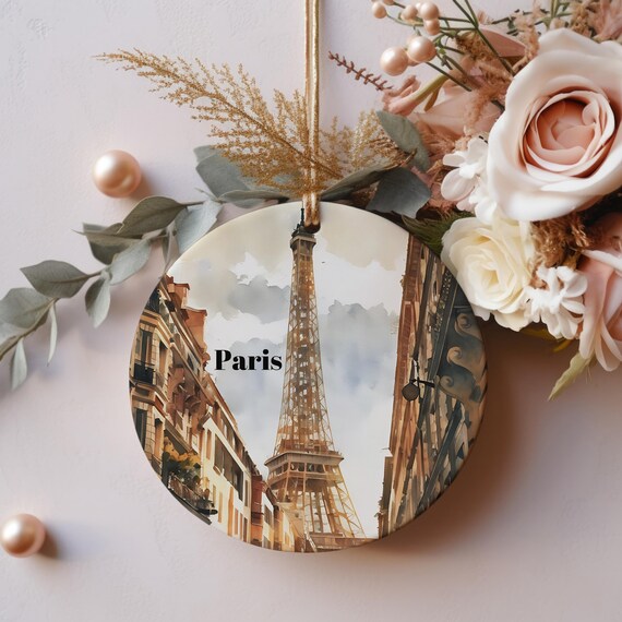 Paris France Eiffel Tower Watercolor Christmas Ornament Art Print