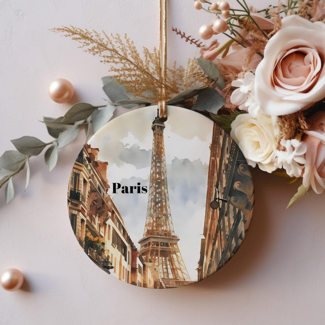 Paris France Eiffel Tower Watercolor Christmas Ornament Art Print