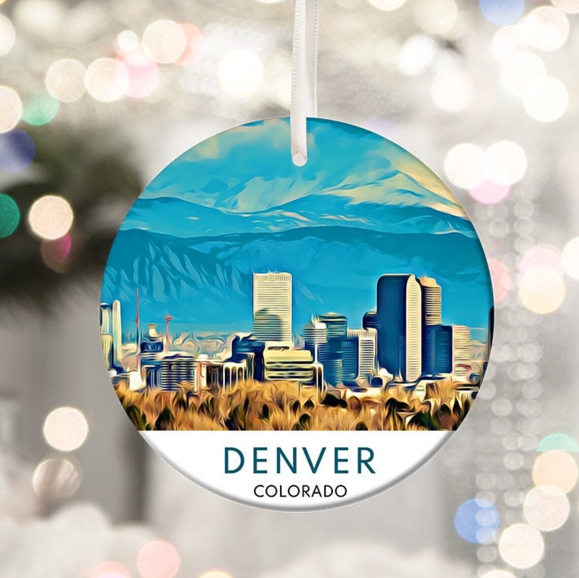 Denver Colorado Skyline Christmas Ornament Watercolor Travel Poster