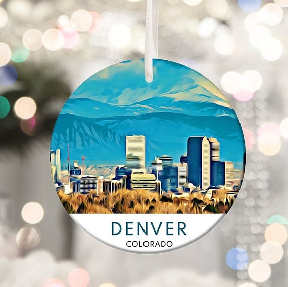 Denver Colorado Skyline Christmas Ornament Watercolor Travel Poster