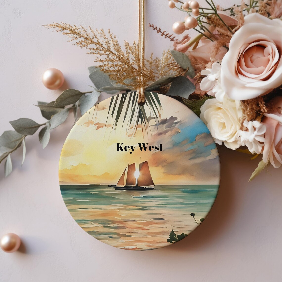 Key West Sailboat Sunset Watercolor Christmas Ornament Print
