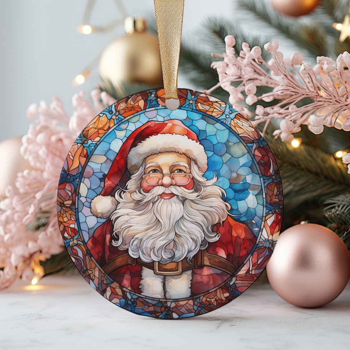 Stained Glass Santa Claus Round Christmas Ornament Keepsake Poster