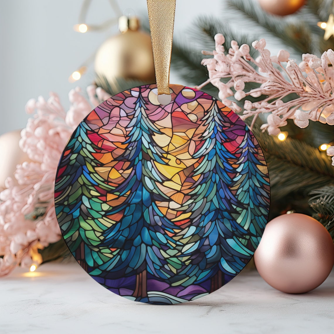 Stained Glass Pine Forest Sunrise Round Christmas Ornament Art Poster