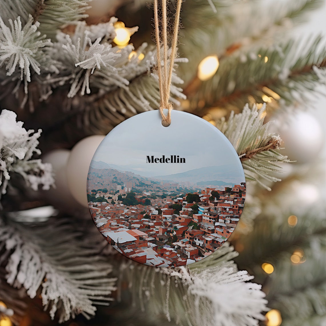 Medellin Colombia Red Rooftop Hillside City Christmas Ornament Print