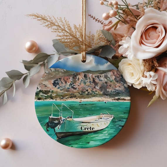 Crete Fishing Boat Turquoise Sea Watercolor Souvenir Ornament Wall Art