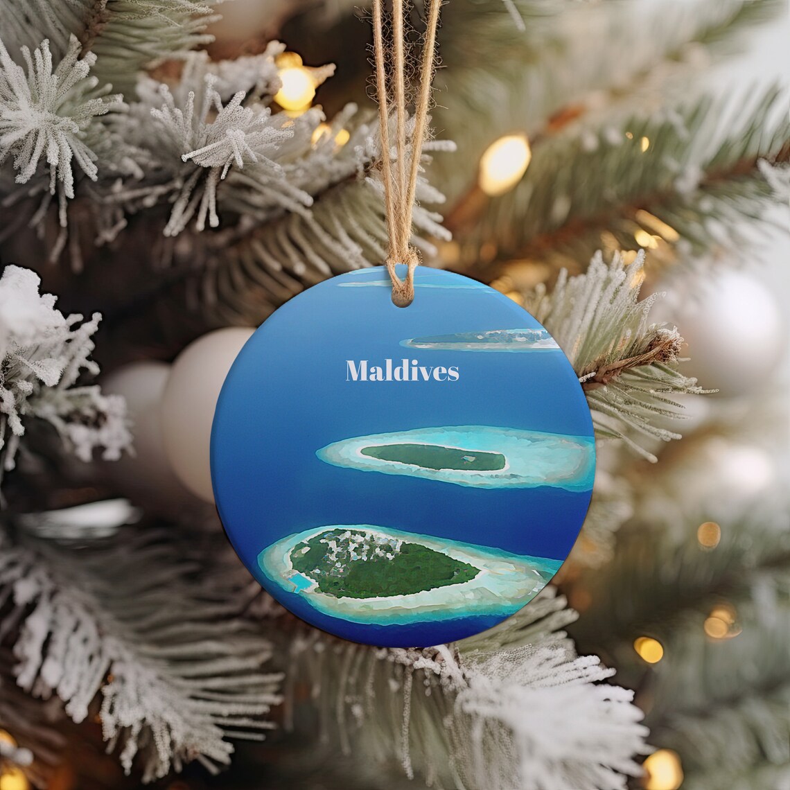 Maldives Tropical Atolls Aerial View Round Christmas Ornament Print
