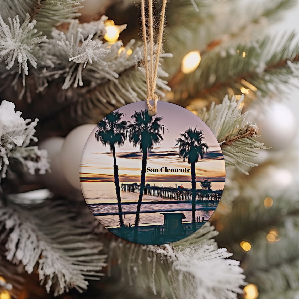 San Clemente Sunset Pier Palm Trees Round Ornament Travel Poster