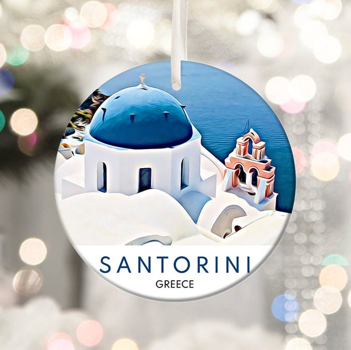 Santorini Greece Blue Dome Church Round Christmas Ornament Gift Poster
