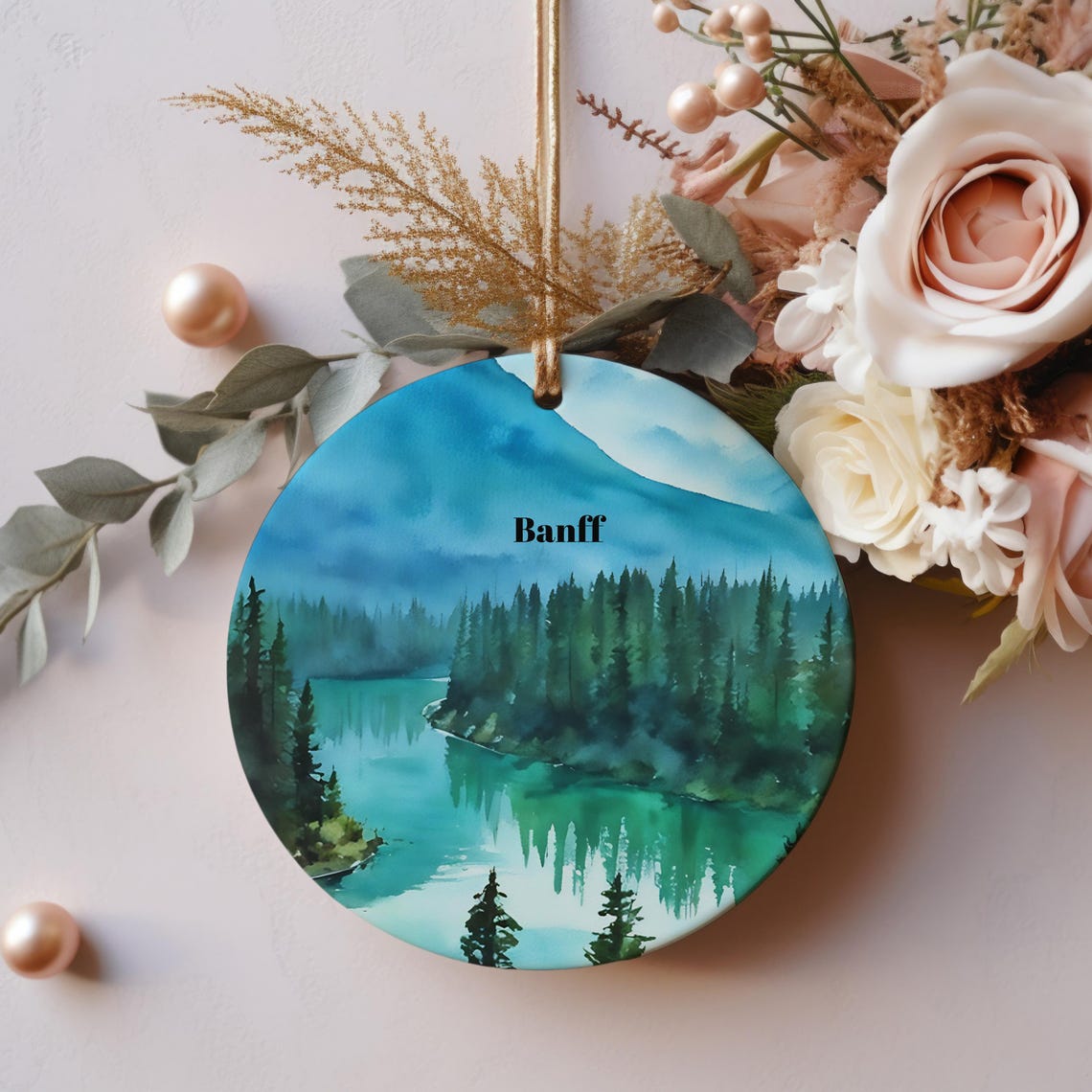 Banff Alberta Mountain Lake Pines Watercolor Round Ornament Print