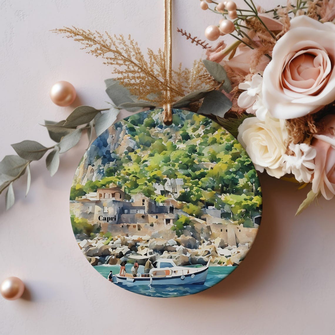 Capri Italy Watercolor Seaside Coastline Holiday Ornament Print