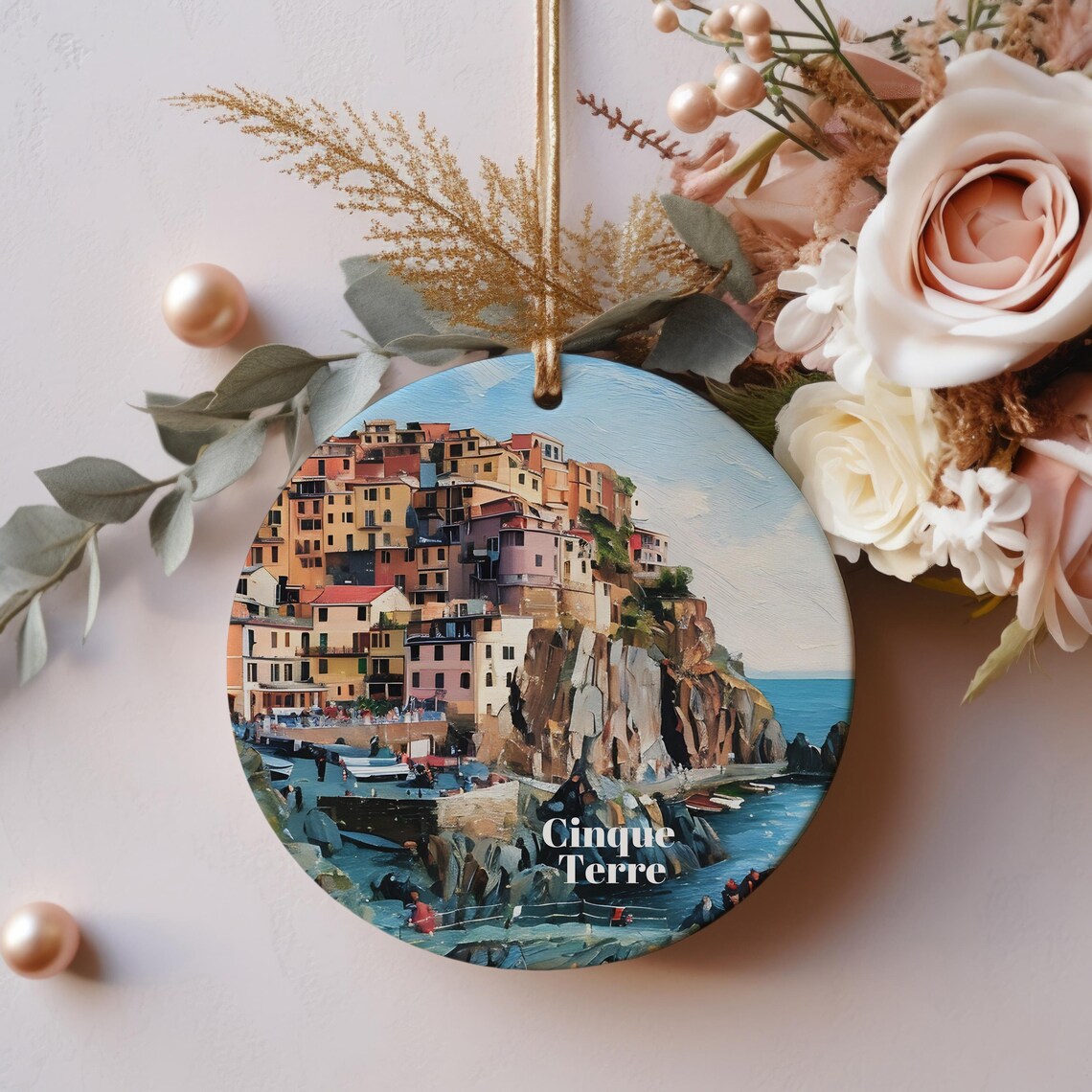Cinque Terre Italian Coast Cliff Village Round Ornament Poster