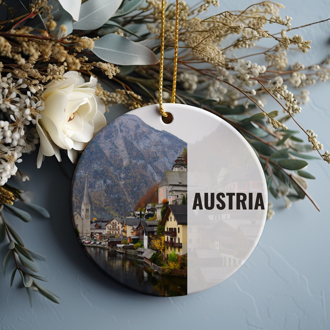Austria Alpine Lakeside Village Christmas Ornament Souvenir Poster