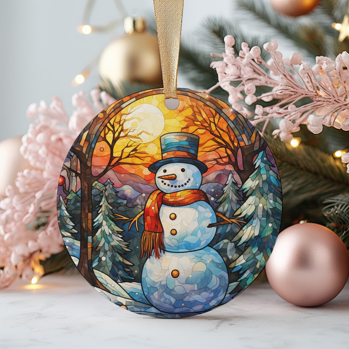 Stained Glass Snowman Ornament Print Winter Sunset Holiday Keepsake Decor