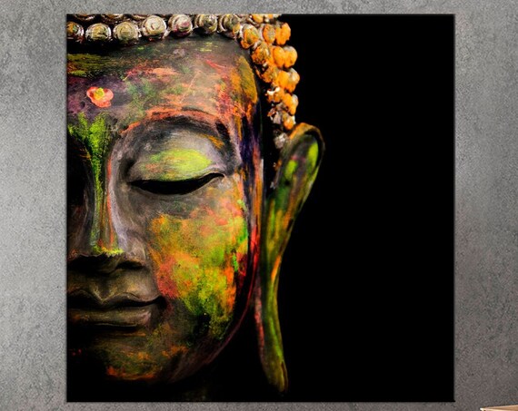 Colorful Buddha Face Neon Paint Splash Black Background Zen Spiritual Art Poster