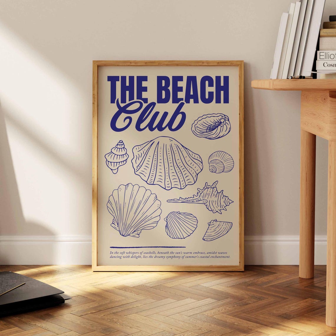 The Beach Club Navy Seashell Coastal Quote Illustration Poster