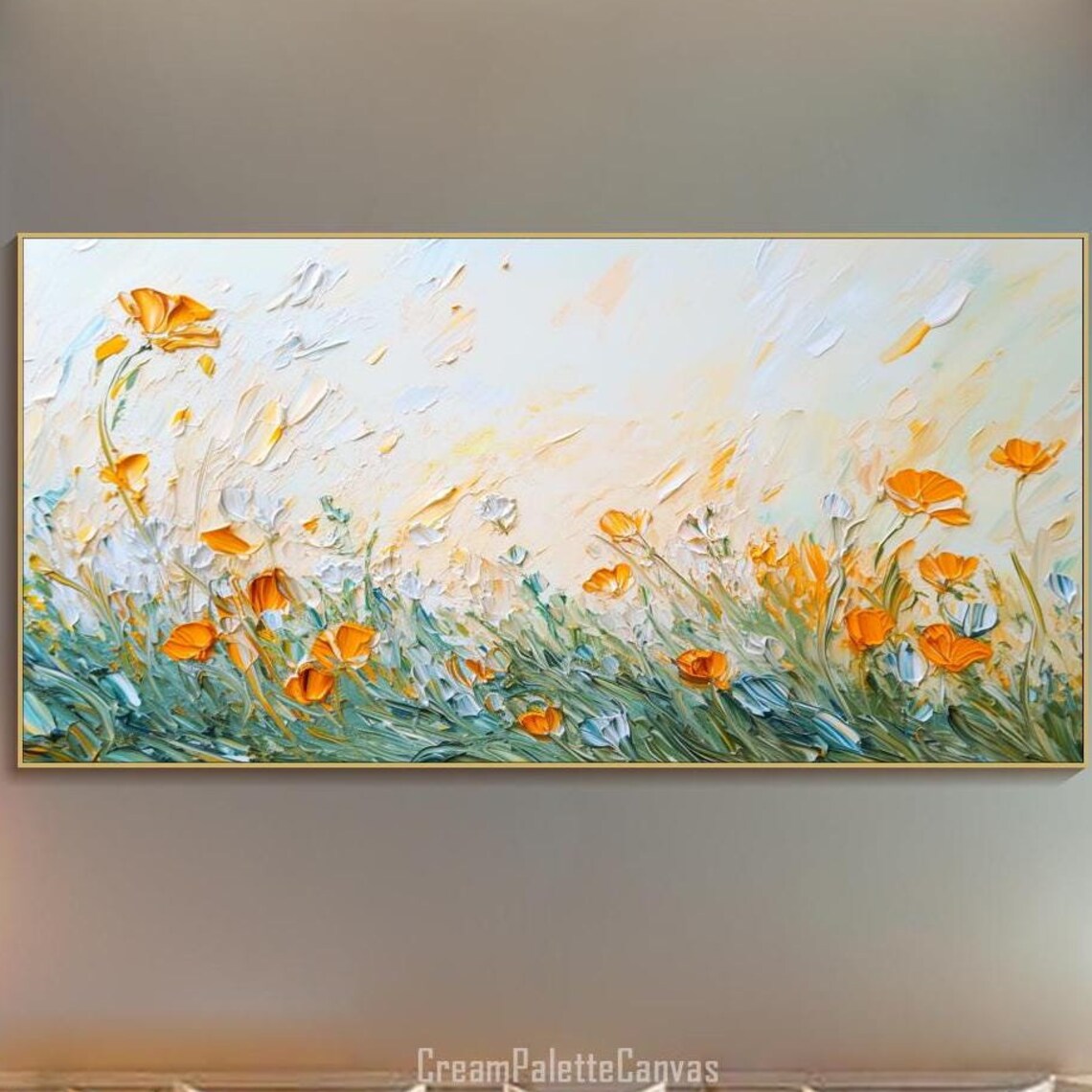 Orange Poppies White Wildflowers Breeze Textured Oil Painting Wall Art