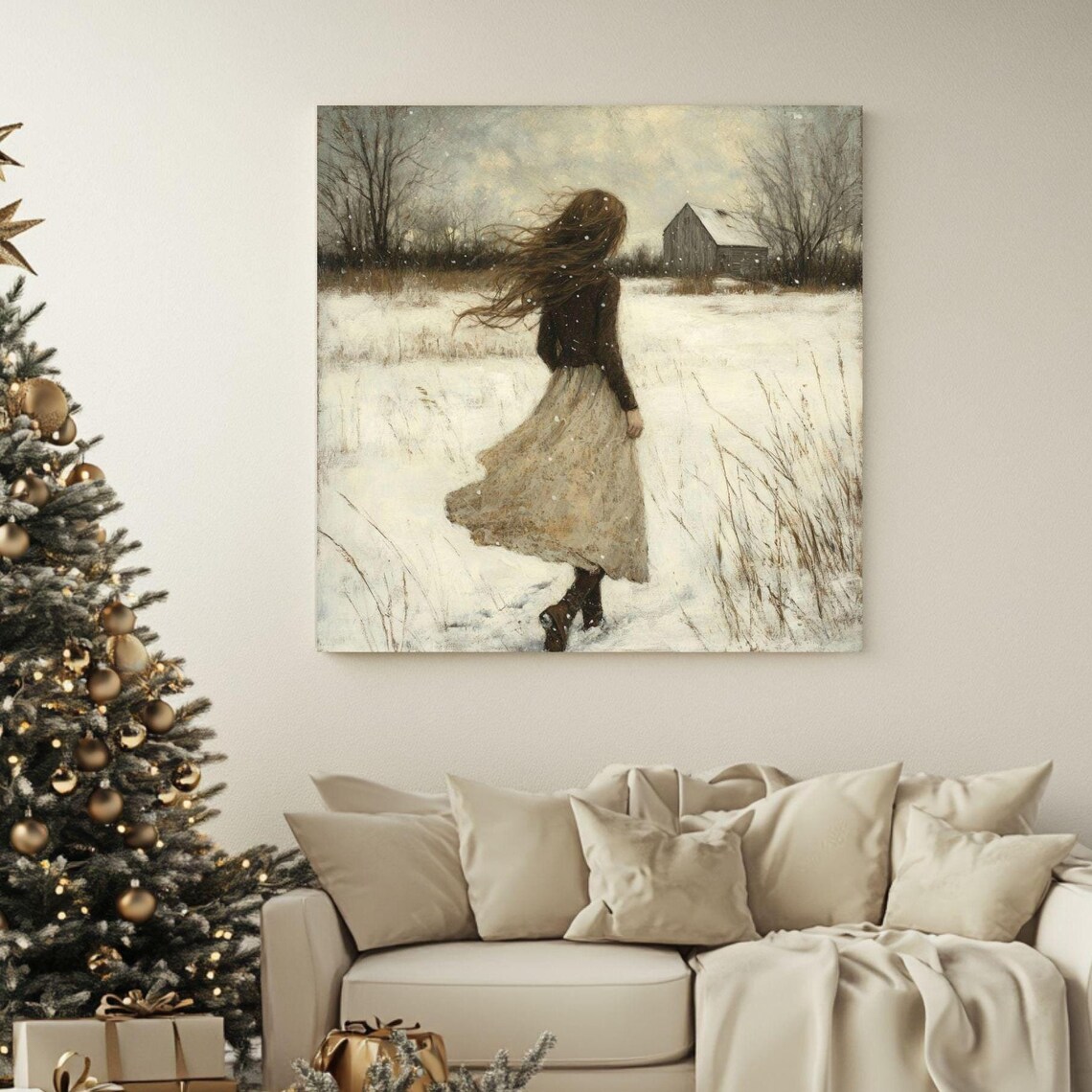 Vintage Winter Girl Art Print, Living Room Christmas Decor