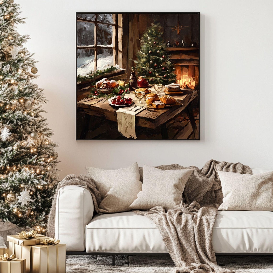 Christmas Dinner Table Rustic Feast Fireplace Cozy Holiday Wall Art