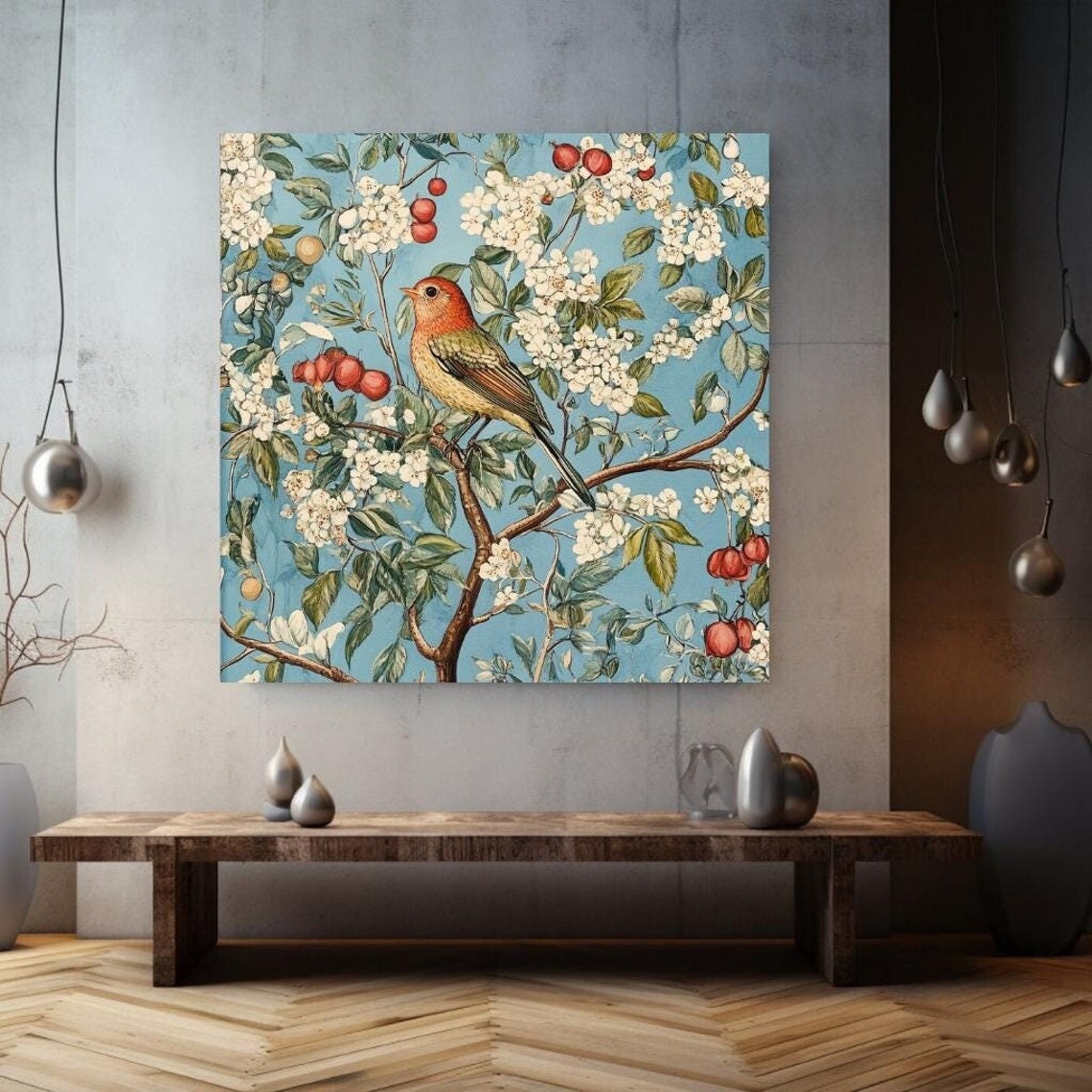 Spring Bird On Blossoming Branch William Morris Style Bird Art Print