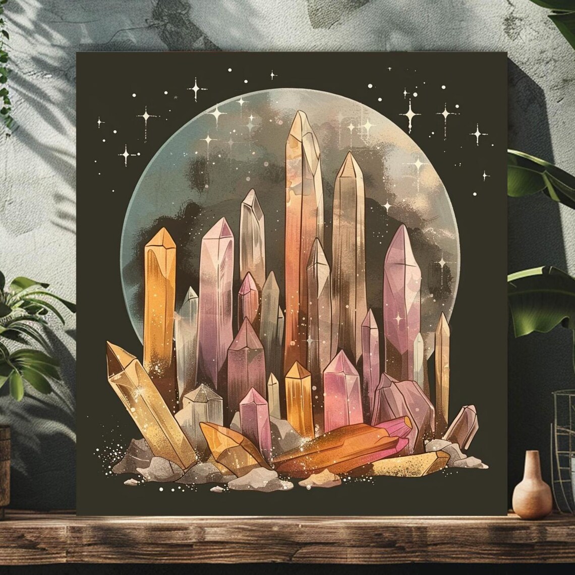 Boho Crystal Illustration, Celestial Geometric Art