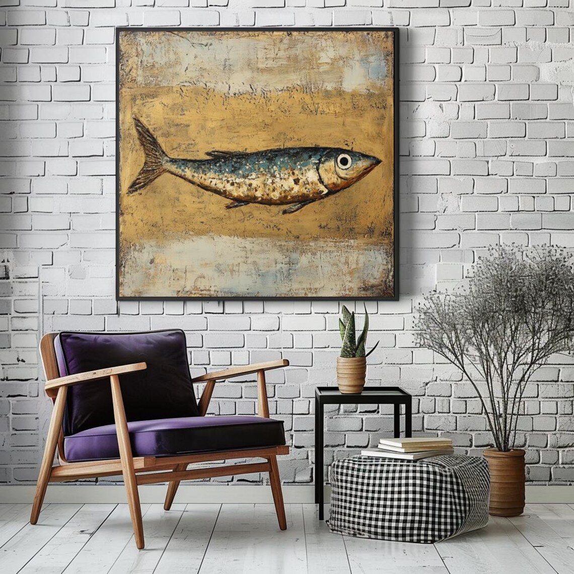 Vintage Primitive Sardine Wall Art Coastal Wall Decor Large Wall Art Black Framed Wall Art Vintage Fish Wall Art