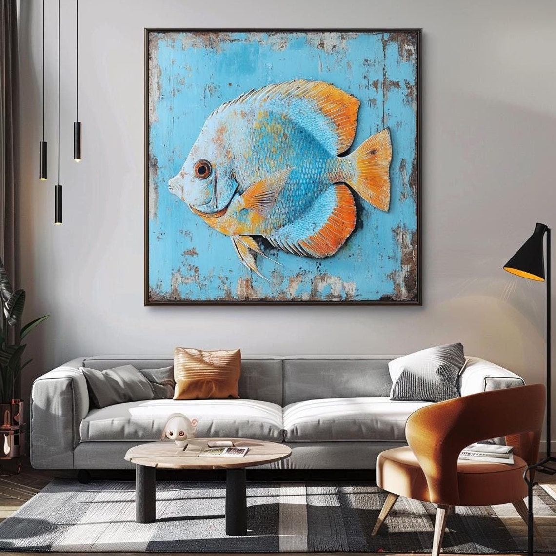 Rustic Blue Orange Discus Fish Distressed Coastal Nautical Wall Art