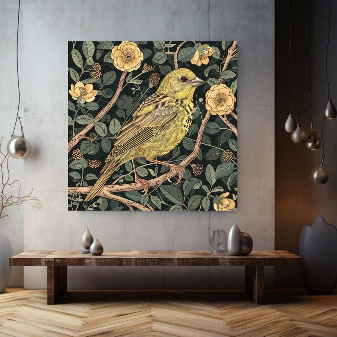 William Morris Inspired Goldfinch Art Yellow Finch Painting Gold Finch Artwork Bird Watching Bird Lover Wall Art Bird Lover Coastal Decor