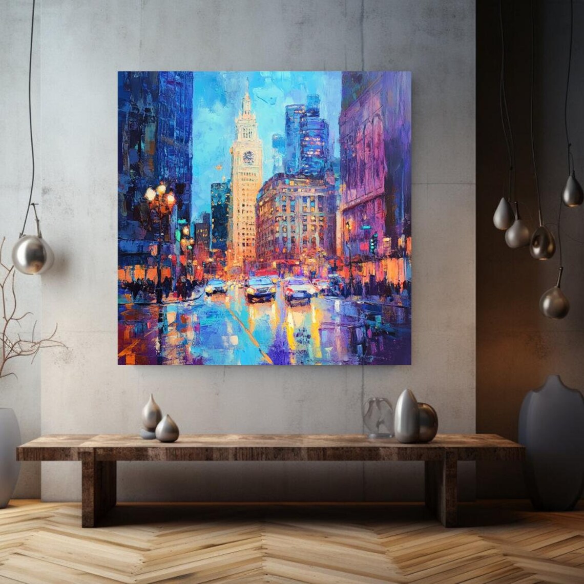 Colorful Rainy City Street Dusk Lights Vibrant Urban Art Poster