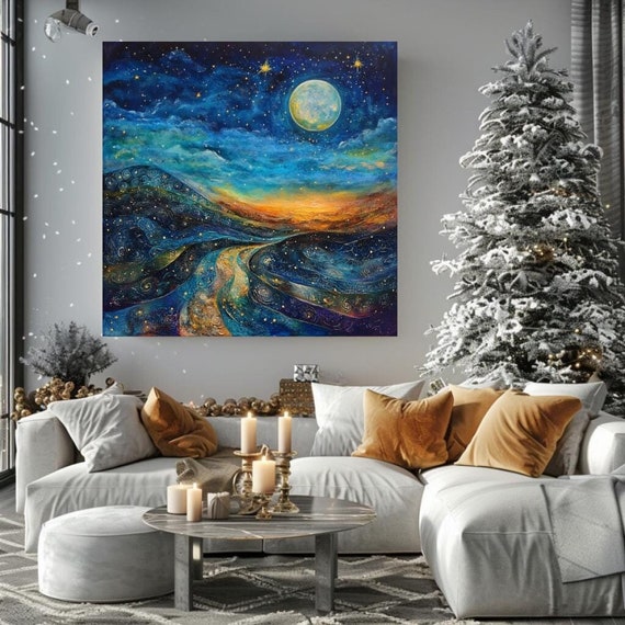 Starry Night Wall Art Mystical Wall Art Decor Large Wall Art Wall Hanging Black Framed Wall Art Christmas Winter Wall Art