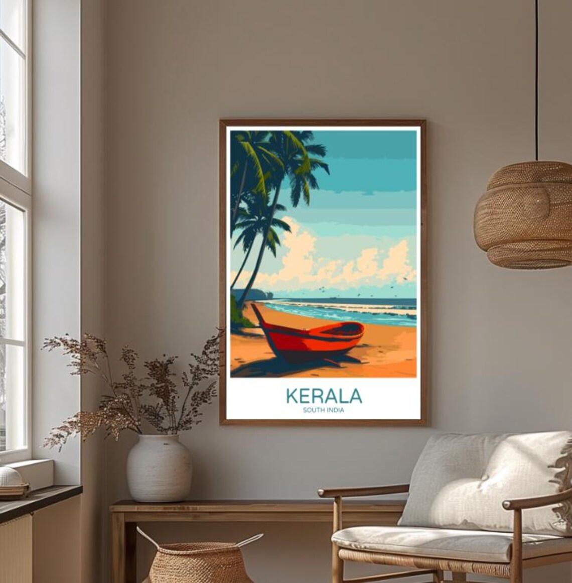 Kerala South India Red Fishing Boat Palm Beach Tropical Travel Poster - Image 3