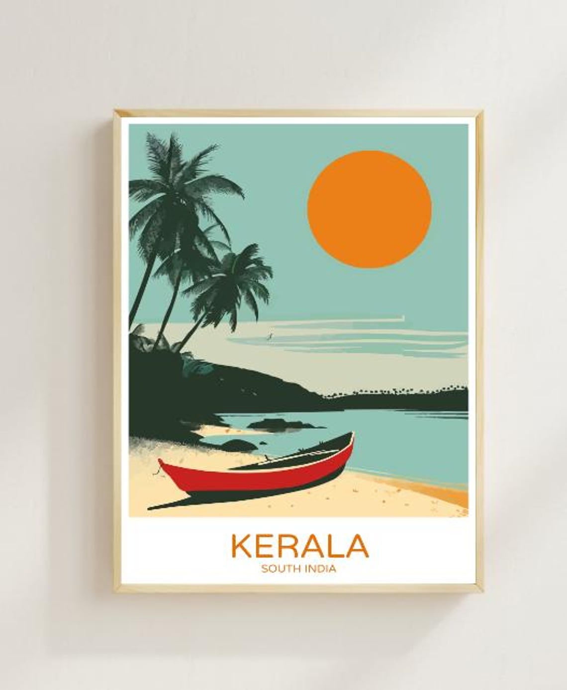 Kerala South India Beach With Red Boat And Palm Trees Travel Poster