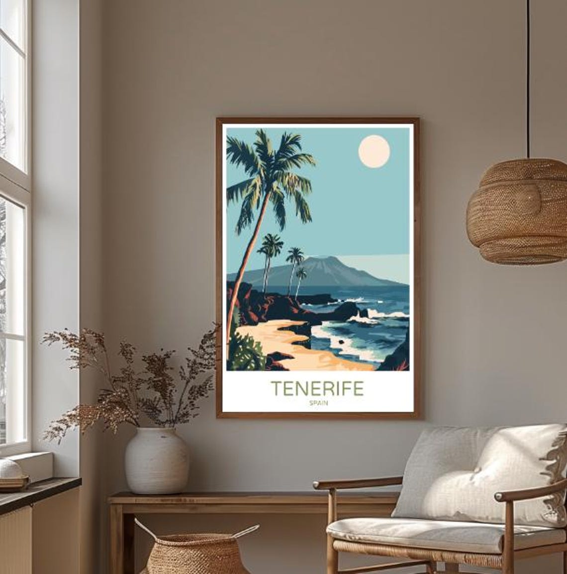 Tenerife Spain Tropical Beach Poster With Palm Trees Volcano Sunset - Image 3