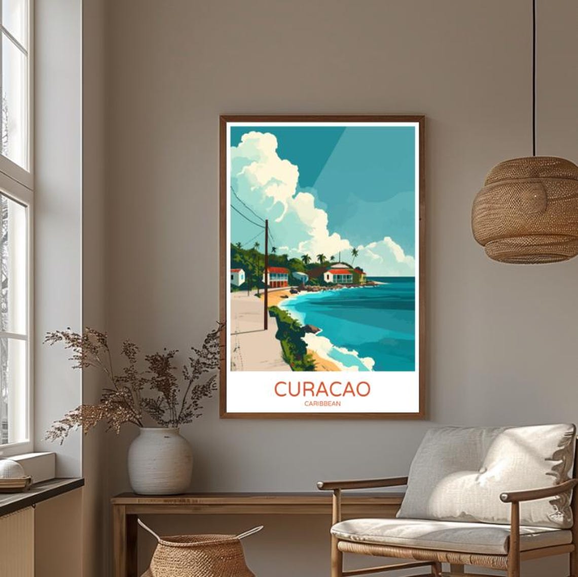 Curacao Caribbean Colorful Beachfront Houses Coastline Travel Poster - Image 3