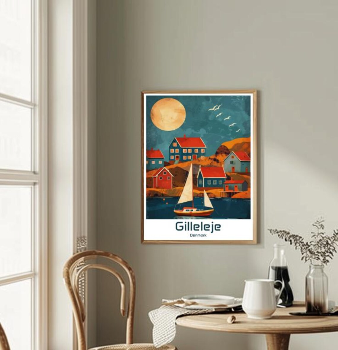 Gilleleje Denmark Moonlit Fishing Village Sailboat Night Poster - Image 2