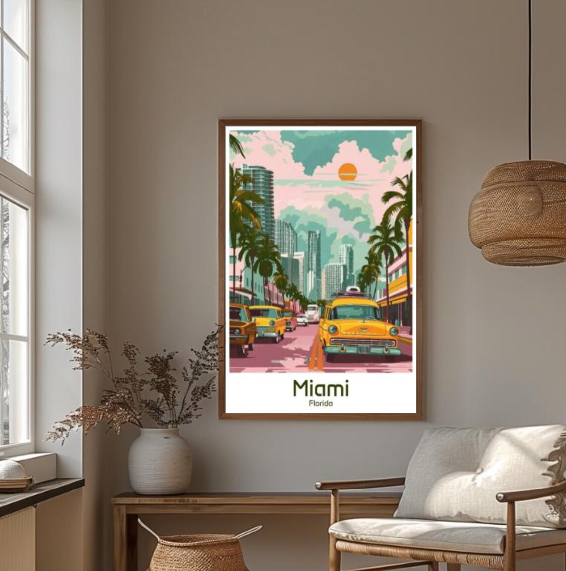 Miami Florida Retro Street Classic Cars Sunset Travel Poster - Image 4
