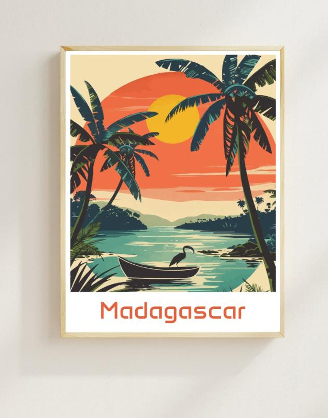 Serene Madagascar Tropical Sunset Beach With Palms And Canoe Print