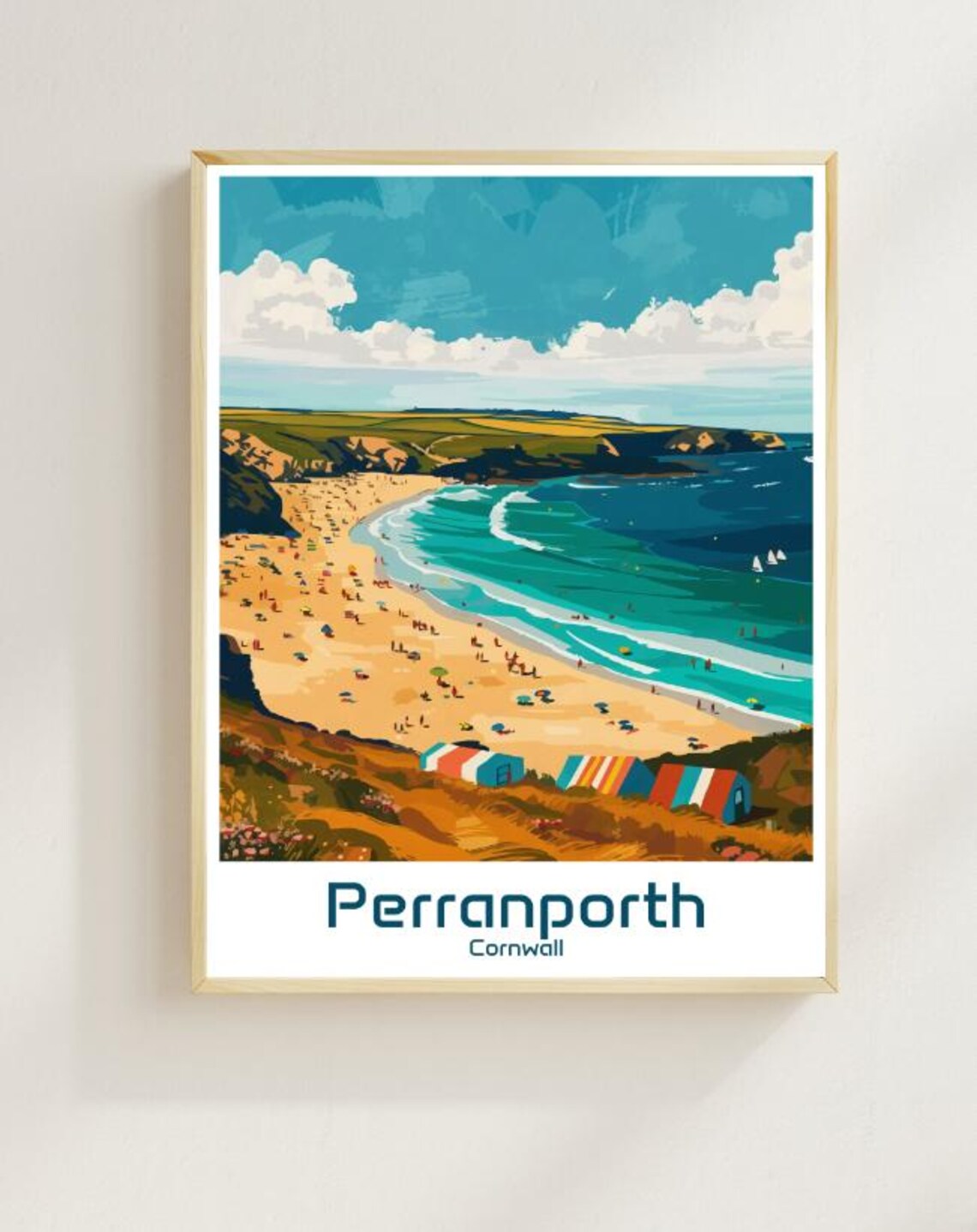Perranporth Cornwall Golden Summer Beach Huts Coastal Travel Poster