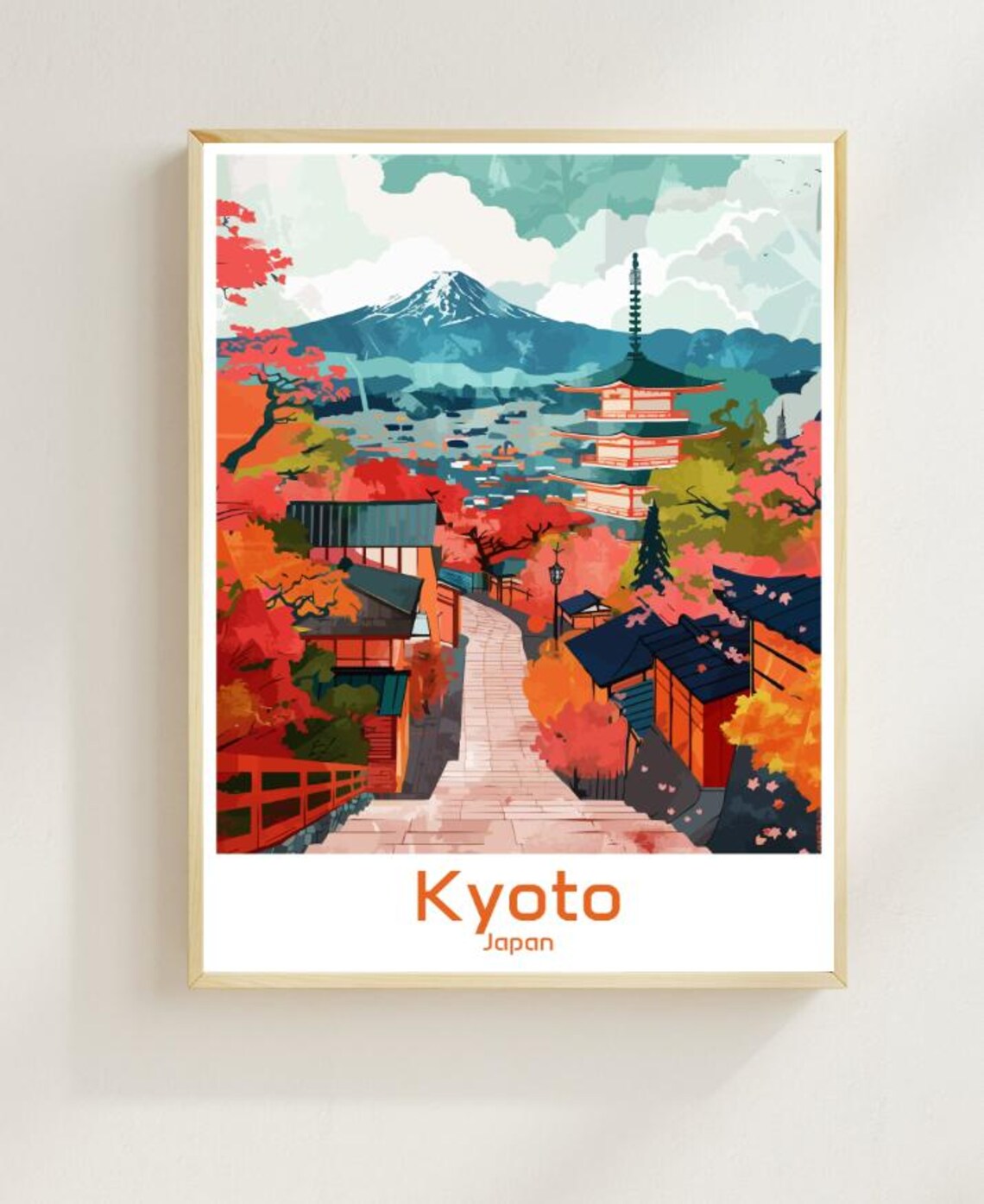 Kyoto Japan Autumn Pagoda Temple Path With Red Maple Trees Poster