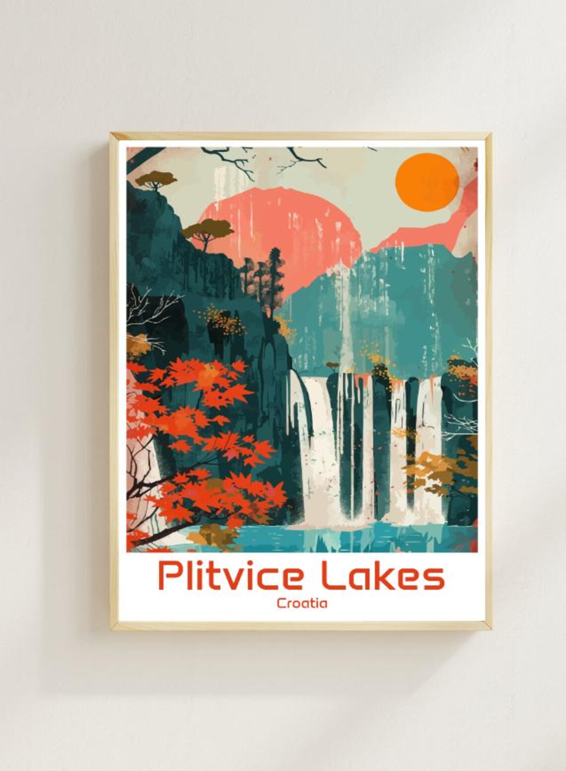 Plitvice Lakes Croatia Autumn Waterfalls Sunset Glow Scene Poster