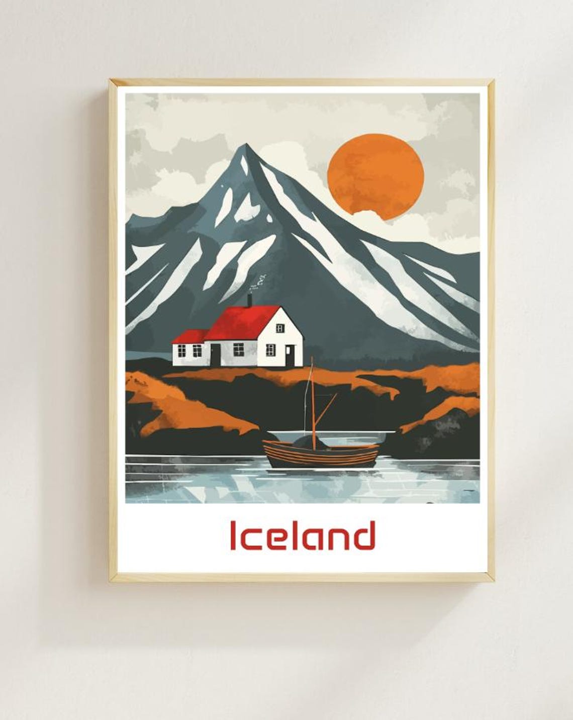 Iceland Red Roofed Cottage By The Sea Under Snowy Mountain Print