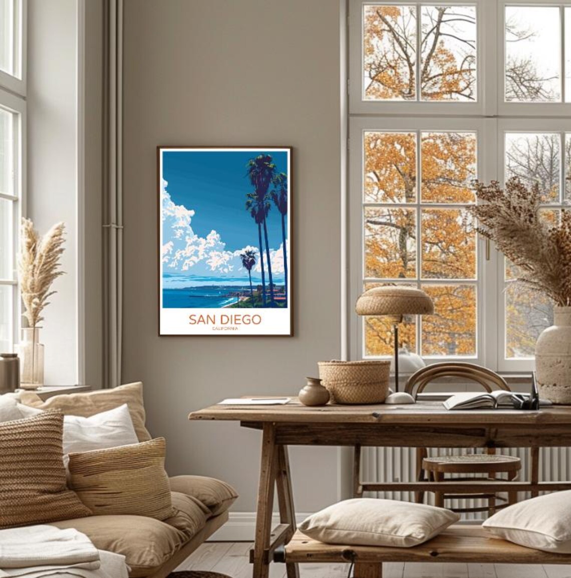 San Diego Palm Trees Over Ocean Colorful Illustrated Travel Poster - Image 4