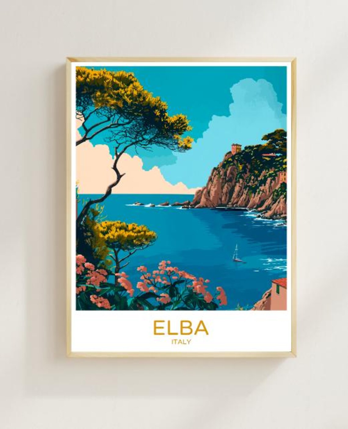 Elba Italy Travel Poster with a Rocky Cove, Cliffs and Pine Trees