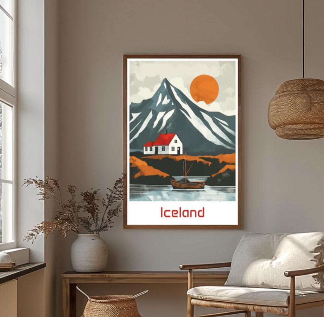 Iceland Red Roofed Cottage By The Sea Under Snowy Mountain Print - Image 4