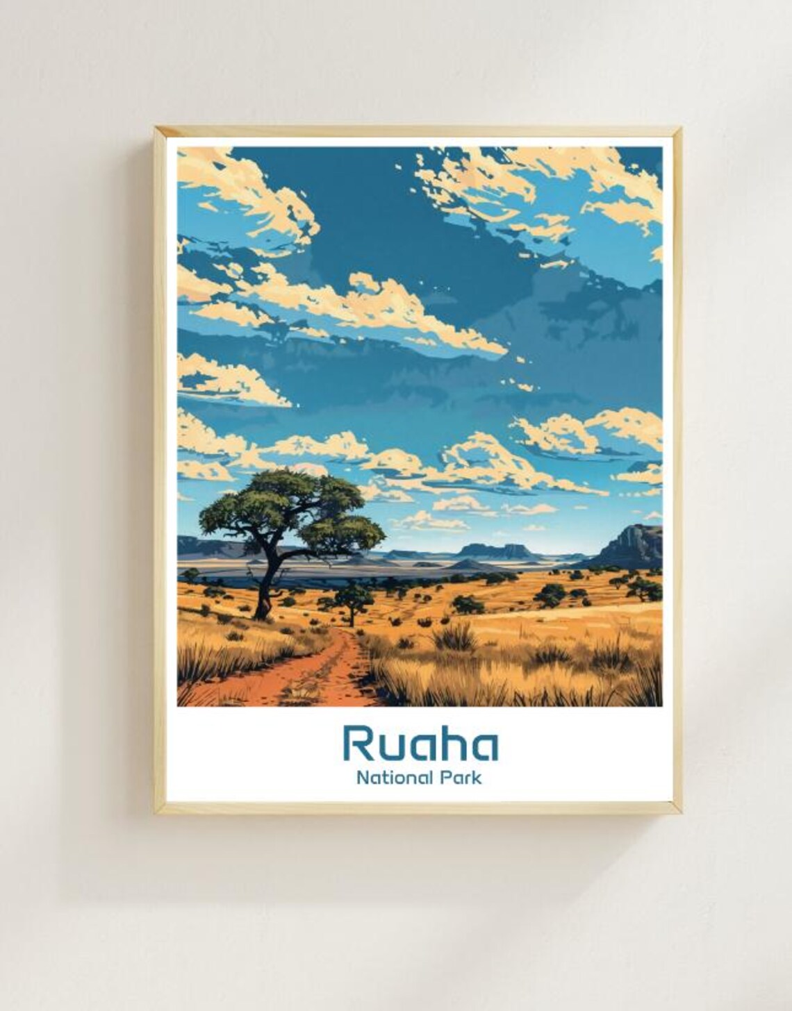 Ruaha National Park Tanzania Savanna Path Acacia Vintage Travel Poster
