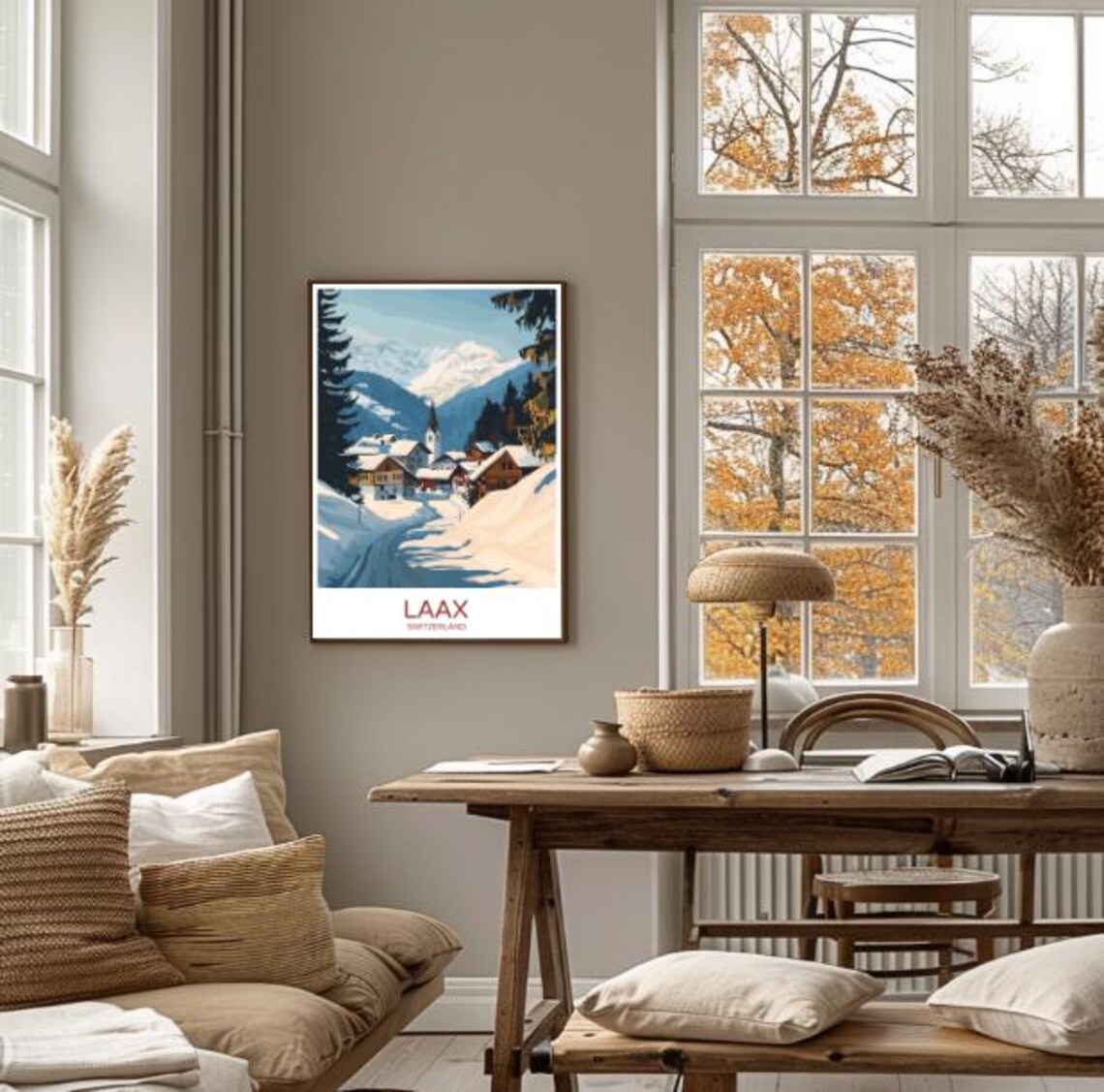 Laax Switzerland Snowy Alpine Village Poster With Church Mountain View - Image 4