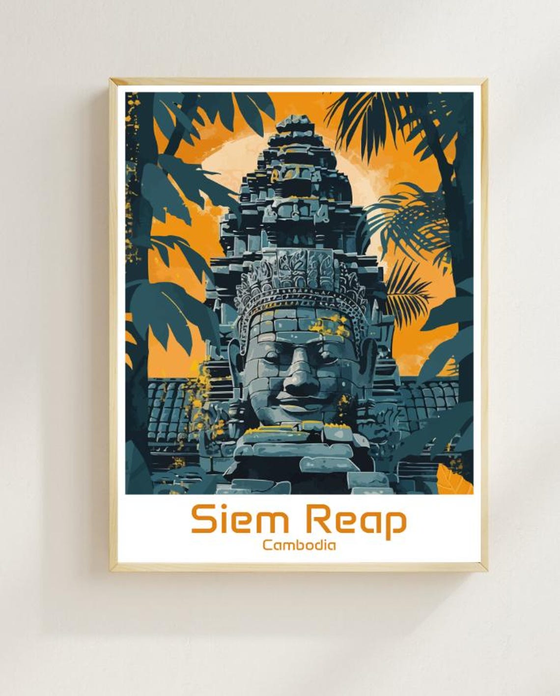 Siem Reap Cambodia Bayon Stone Face Temple At Golden Sunset Poster
