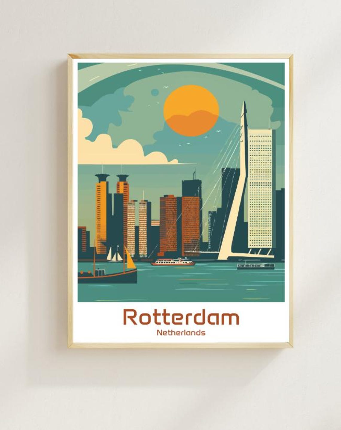 Modern Rotterdam Netherlands Erasmus Bridge Skyline Scene Poster