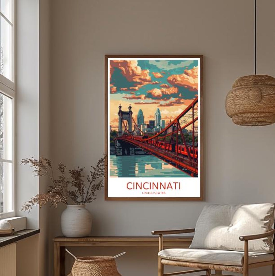 Cincinnati Ohio River Red Bridge Skyline Sunset Travel Poster - Image 3