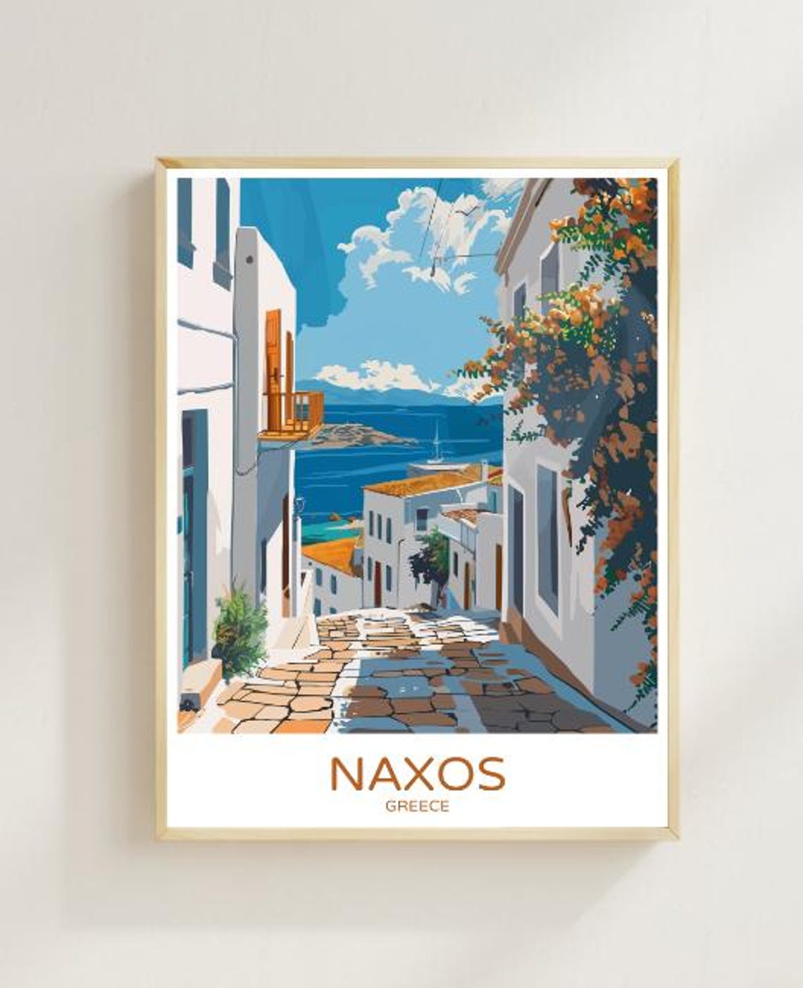 Naxos Greece Charming Whitewashed Alley Cobblestone Sea View Poster