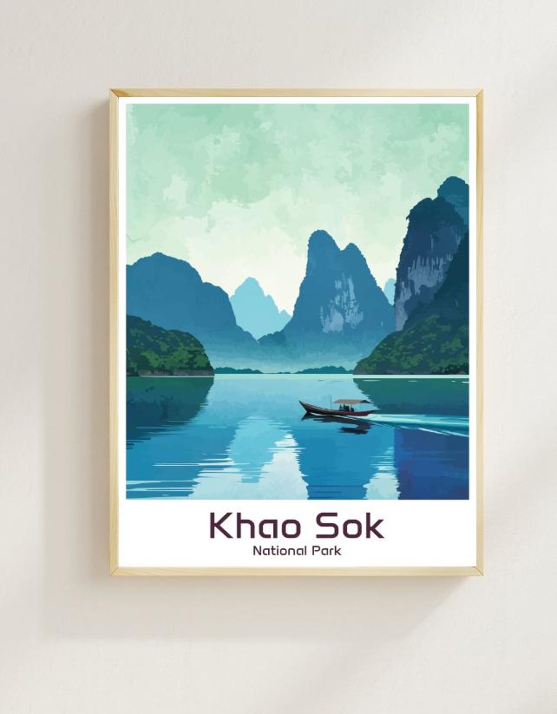 Khao Sok Thailand Karst Lake Longtail Boat Retro Travel Poster